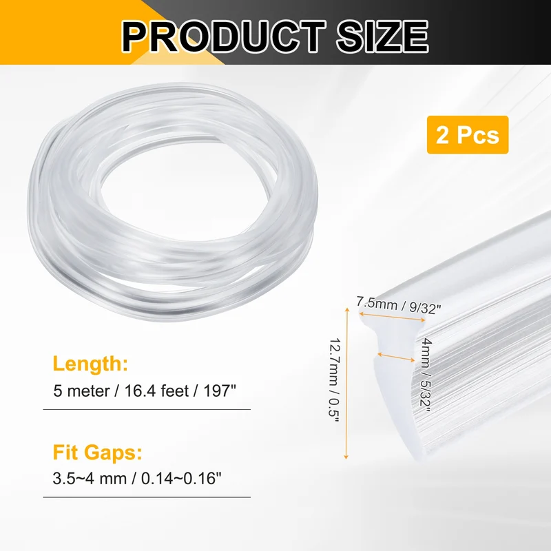 2Pcs Weather Stripping Door Seal Crescent-Shaped 5/32" Slot 16.4Ft Clear