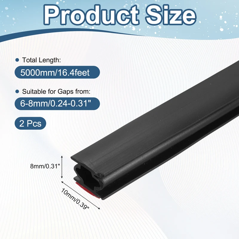 Weather Stripping Seal Strip - 2Pcs Door Seal Strip Fits 6-8mm Gap, Black