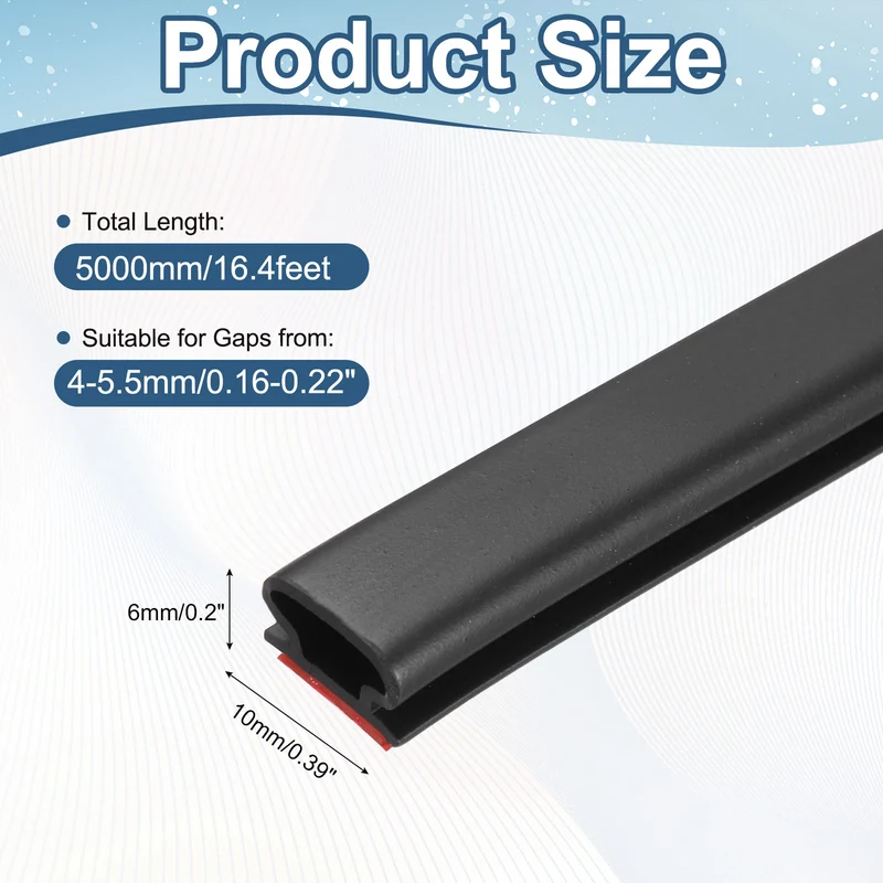 Weather Stripping Seal Strip - Door Seal Strip Fits 4-5.5mm Gap, Black