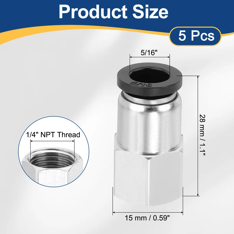 5 Pcs NPT Female 5/16 Inch OD x 1/4" NPT Thread Push to Connect Fittings, Black