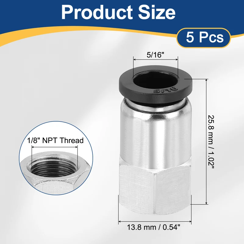 5 Pcs NPT Female 5/16 Inch OD x 1/8" NPT Thread Push to Connect Fittings, Black