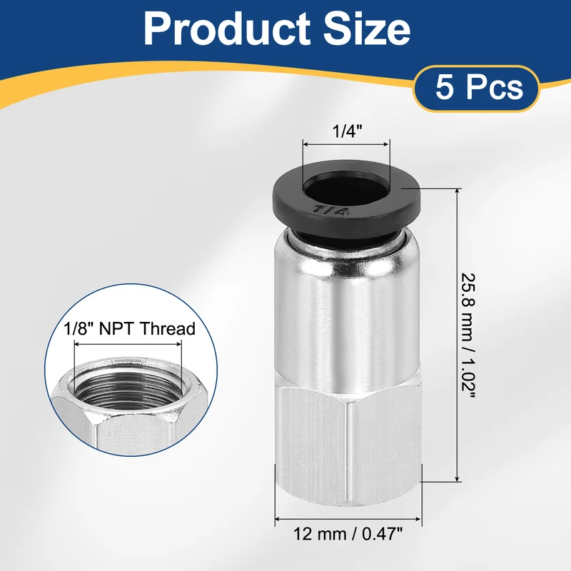 5 Pcs NPT Female 1/4 Inch OD x 1/8" NPT Thread Push to Connect Fittings, Black