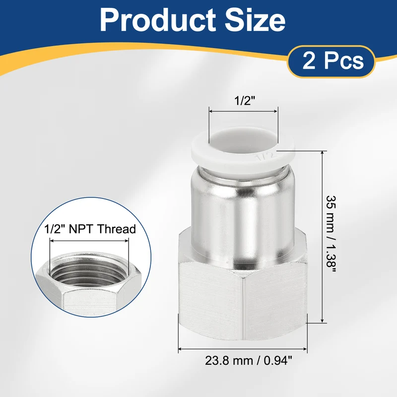 2 Pcs NPT Female 1/2 Inch OD x 1/2" NPT Thread Push to Connect Fittings, White