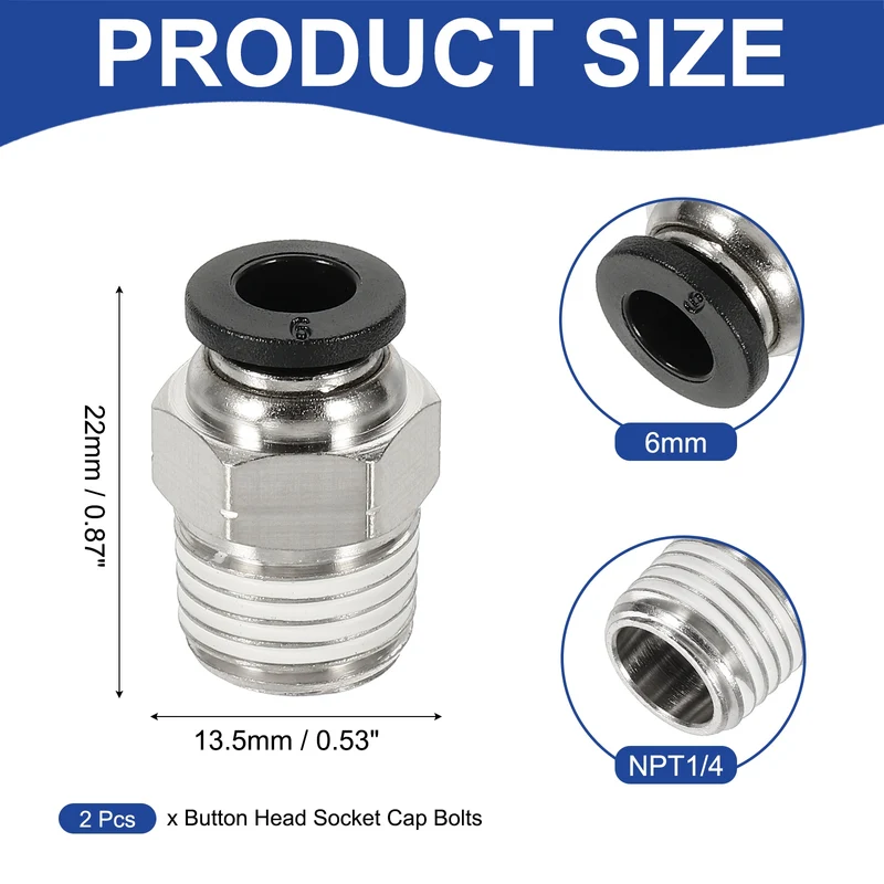 2 Pcs NPT Male 6mm Tube OD x 1/4" NPT Thread Push to Connect Fittings, Black
