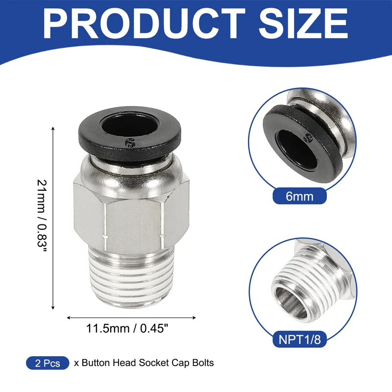 2 Pcs NPT Male 6mm Tube OD x 1/8" NPT Thread Push to Connect Fittings, Black