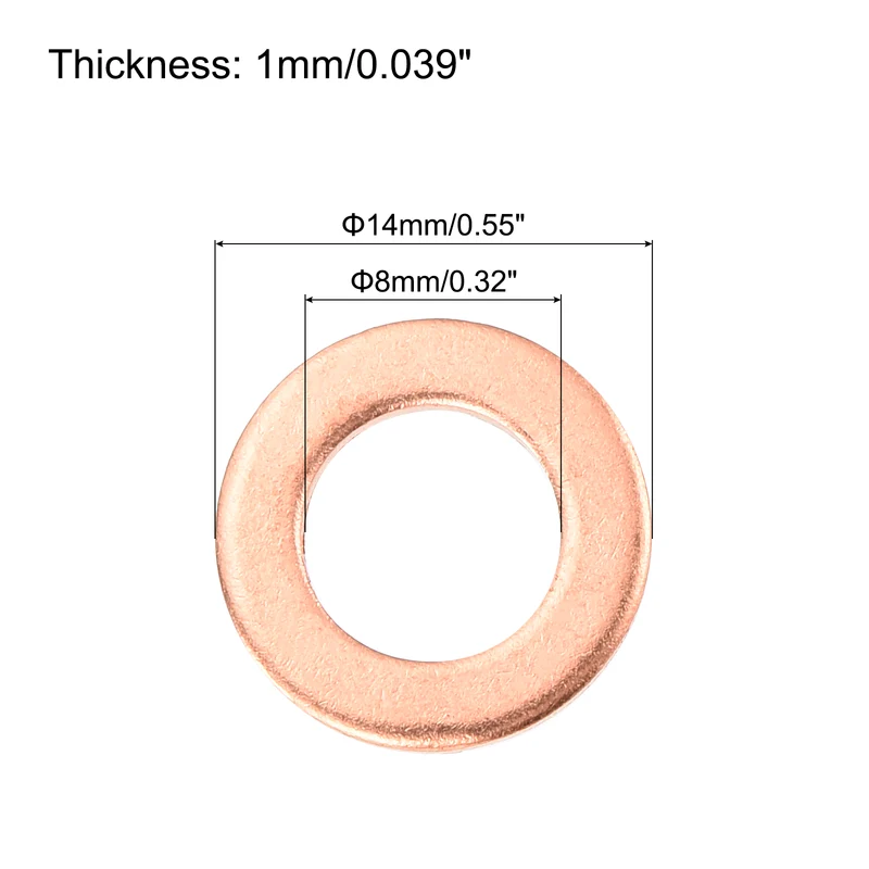 22 Pcs Flat Copper Washers, 8x14x1mm Copper Flat Sealing Crush Ring Washers
