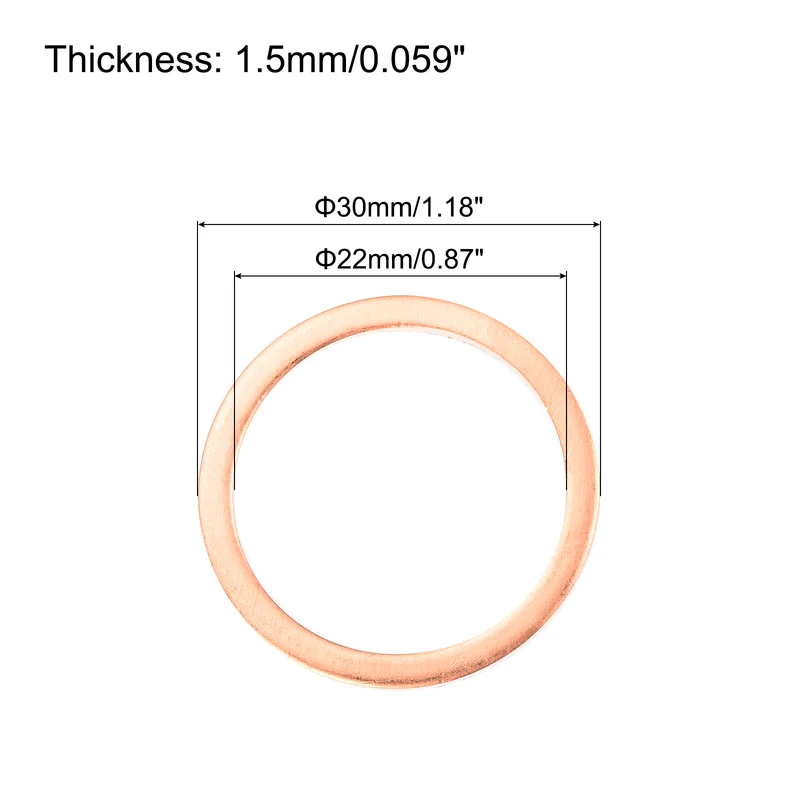30 Pcs Flat Copper Washers, 22x30x1.5mm Copper Flat Sealing Crush Ring Washers