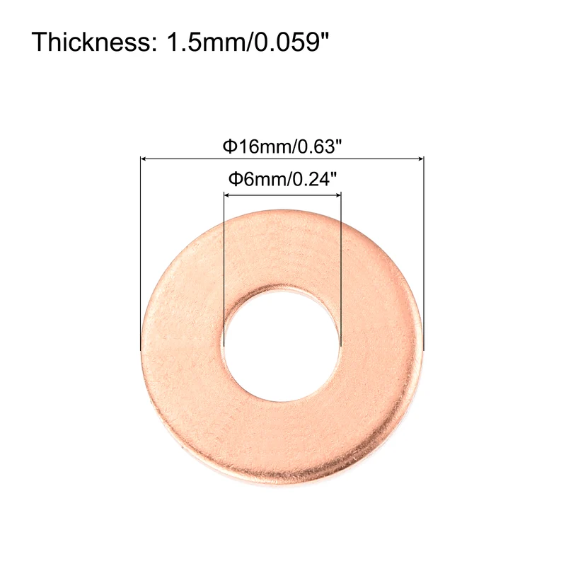 12 Pcs Flat Copper Washers, 6x16x1.5mm Copper Flat Sealing Crush Ring Washers