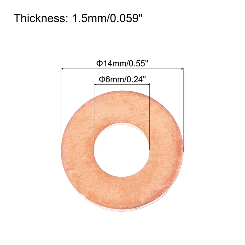 22 Pcs Flat Copper Washers, 6x14x1.5mm Copper Flat Sealing Crush Ring Washers