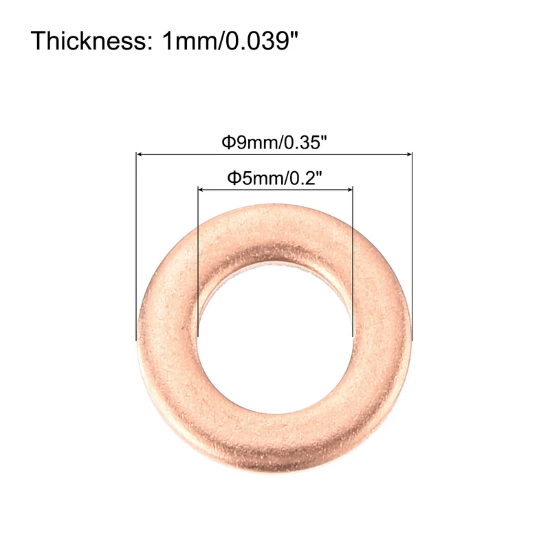 12 Pcs Flat Copper Washers, 5x9x1mm Copper Flat Sealing Crush Ring Washers