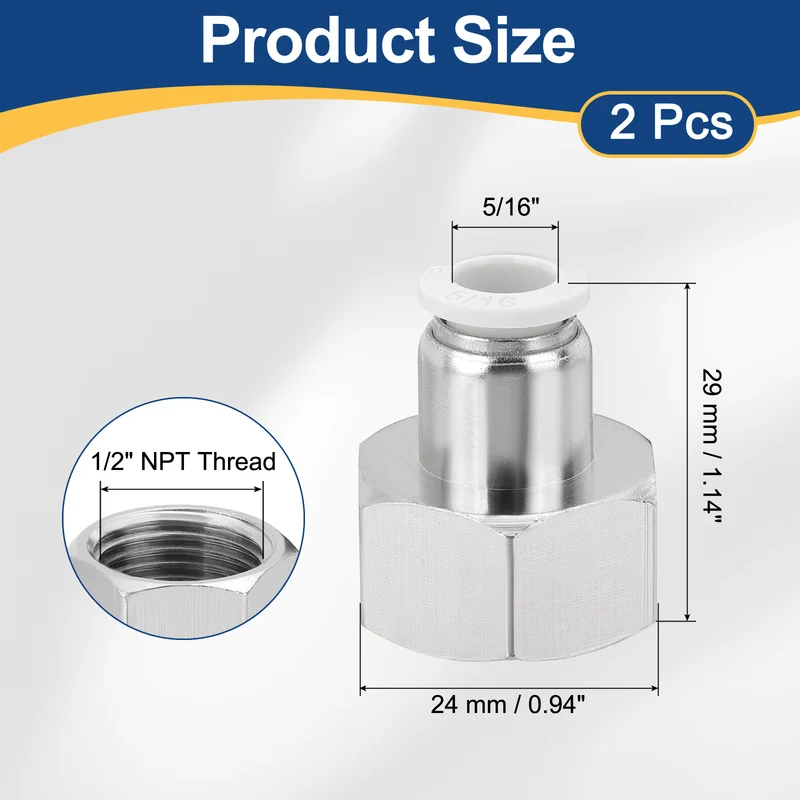 2 Pcs NPT Female 5/16 Inch OD x 1/2" NPT Thread Push to Connect Fittings, White