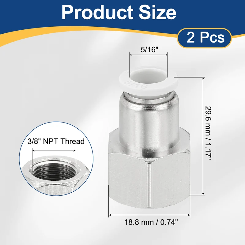 2 Pcs NPT Female 5/16 Inch OD x 3/8" NPT Thread Push to Connect Fittings, White