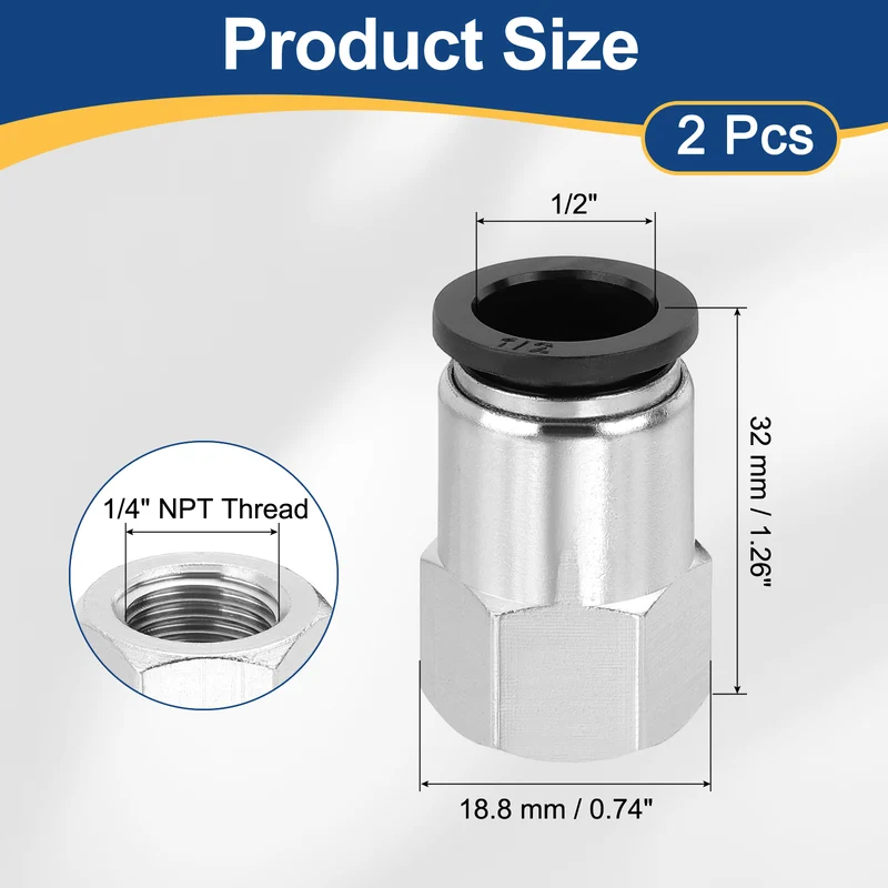 2 Pcs NPT Female 1/2 Inch OD x 1/4" NPT Thread Push to Connect Fittings, Black