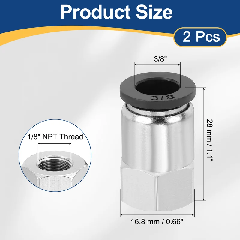 2 Pcs NPT Female 3/8 Inch OD x 1/8" NPT Thread Push to Connect Fittings, Black
