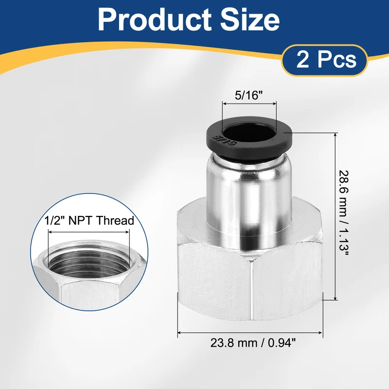 2 Pcs NPT Female 5/16 Inch OD x 1/2" NPT Thread Push to Connect Fittings, Black