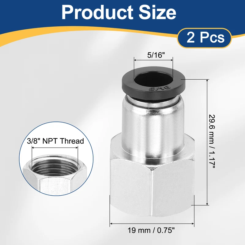 2 Pcs NPT Female 5/16 Inch OD x 3/8" NPT Thread Push to Connect Fittings, Black