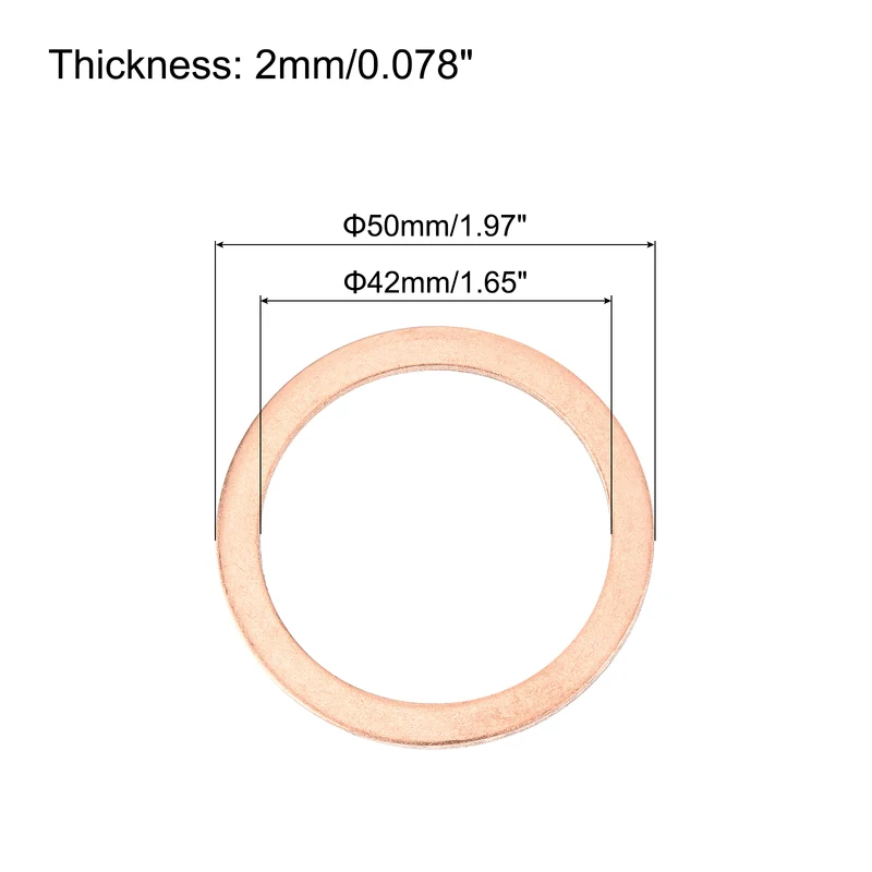 6 Pcs Flat Copper Washers, 42x50x2mm Copper Flat Sealing Crush Ring Washers