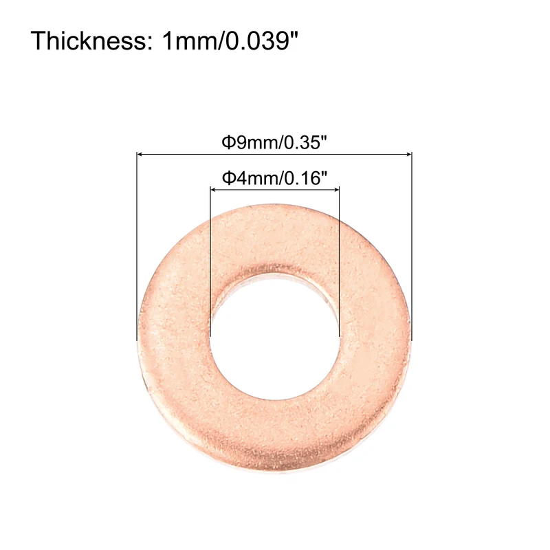 12 Pcs Flat Copper Washers, 4x9x1mm Copper Flat Sealing Crush Ring Washers