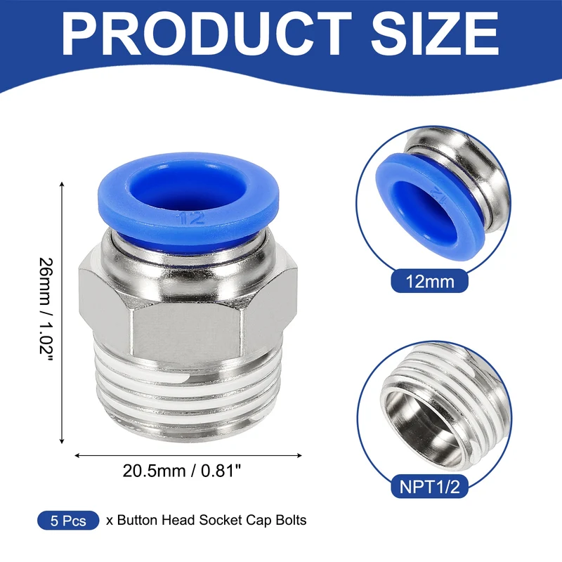 5 Pcs NPT Male 12mm Tube OD x 1/2" NPT Thread Push to Connect Fittings, Blue