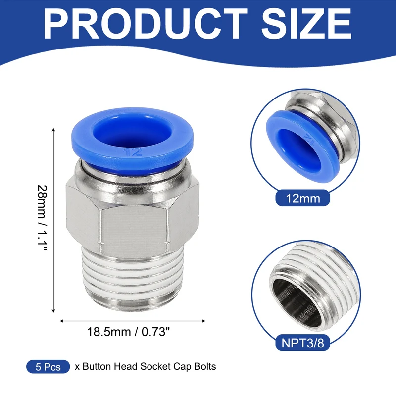 5 Pcs NPT Male 12mm Tube OD x 3/8" NPT Thread Push to Connect Fittings, Blue