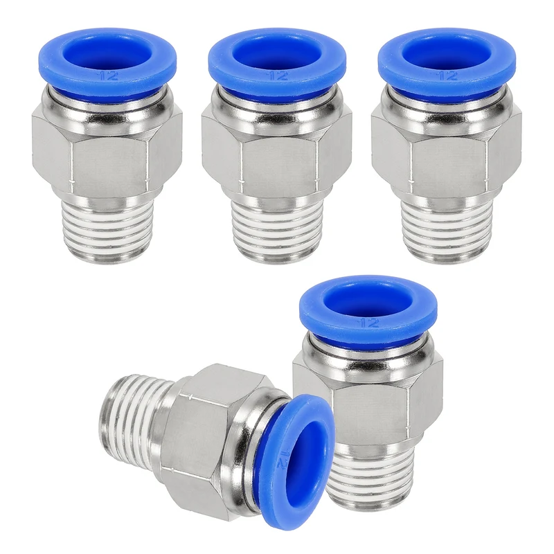 5 Pcs NPT Male 12mm Tube OD x 1/4" NPT Thread Push to Connect Fittings, Blue