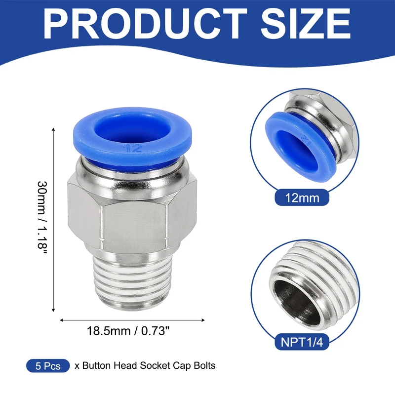 5 Pcs NPT Male 12mm Tube OD x 1/4" NPT Thread Push to Connect Fittings, Blue
