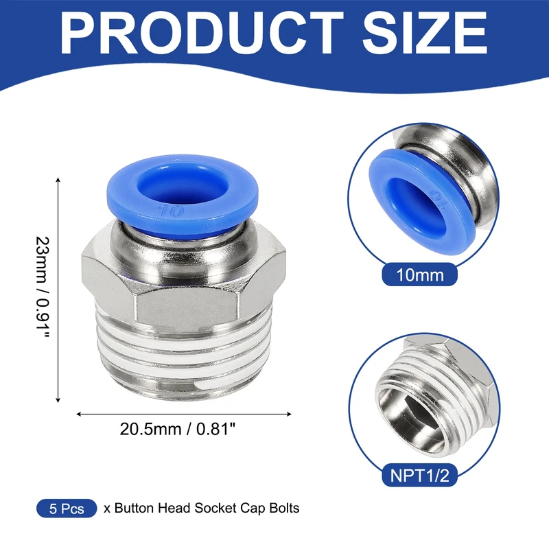 5 Pcs NPT Male 10mm Tube OD x 1/2" NPT Thread Push to Connect Fittings, Blue