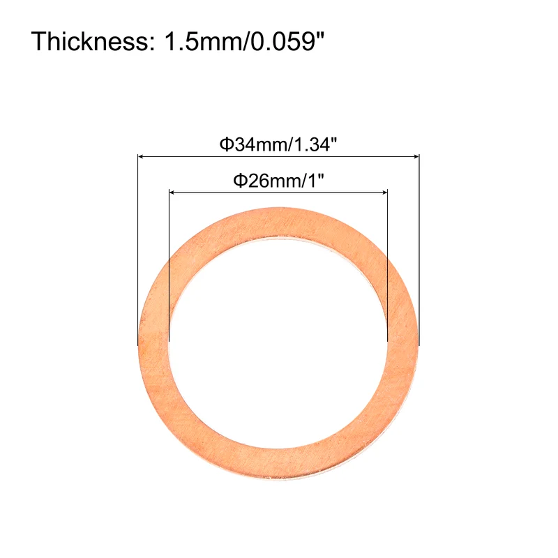 6 Pcs Flat Copper Washers, 26x34x1.5mm Copper Flat Sealing Crush Ring Washers
