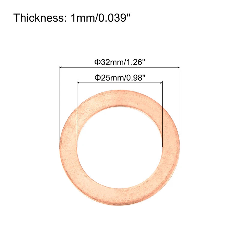 6 Pcs Flat Copper Washers, 25x32x1mm Copper Flat Sealing Crush Ring Washers