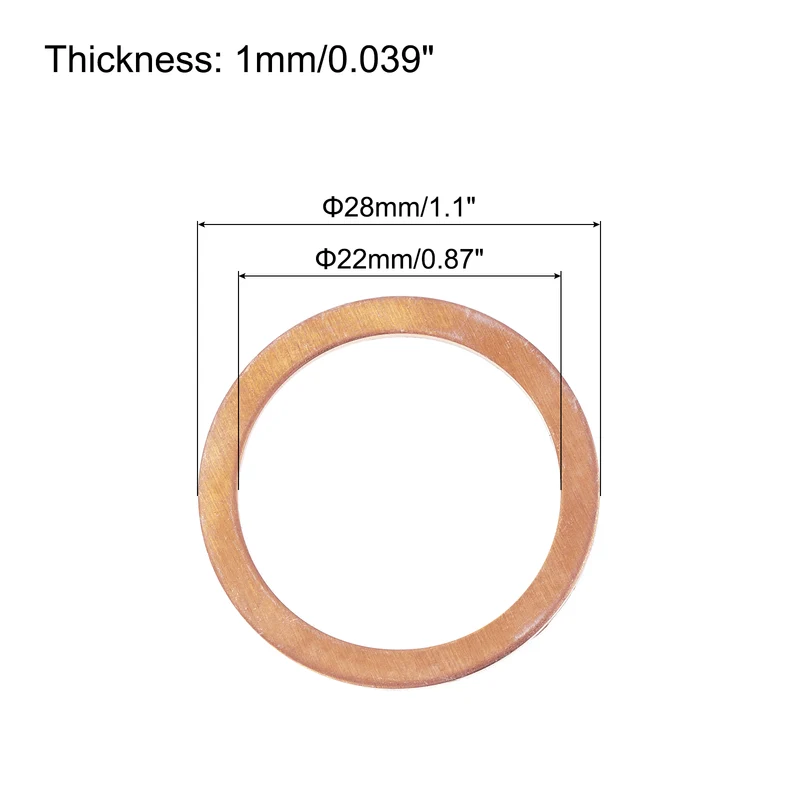 12 Pcs Flat Copper Washers, 22x28x1mm Copper Flat Sealing Crush Ring Washers
