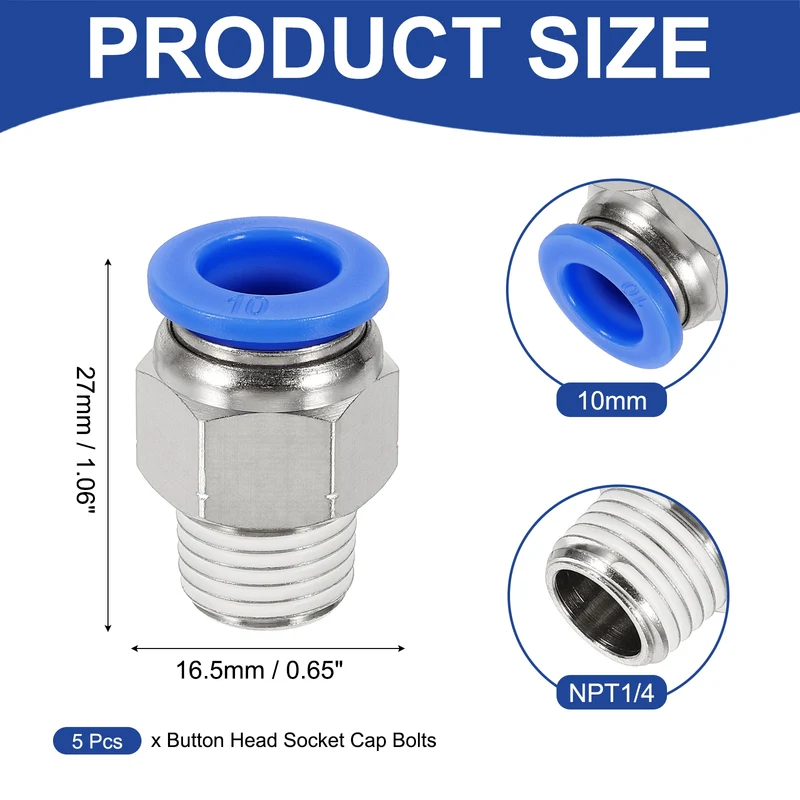 5 Pcs NPT Male 10mm Tube OD x 1/4" NPT Thread Push to Connect Fittings, Blue