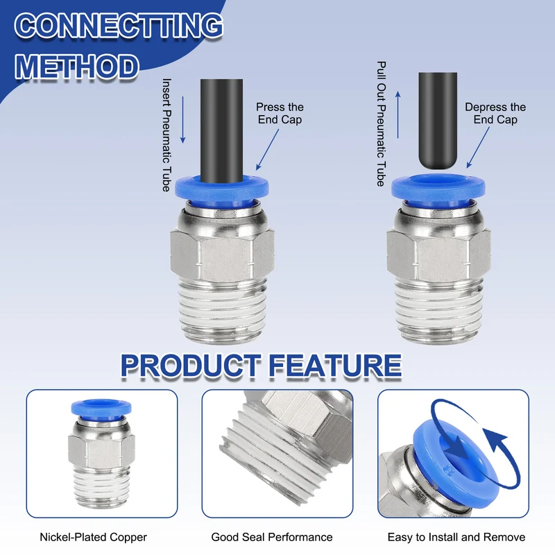 5 Pcs NPT Male 8mm Tube OD x 1/2" NPT Thread Push to Connect Fittings, Blue