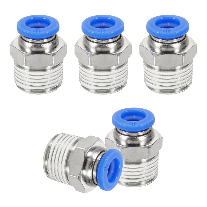 5 Pcs NPT Male 8mm Tube OD x 3/8" NPT Thread Push to Connect Fittings, Blue