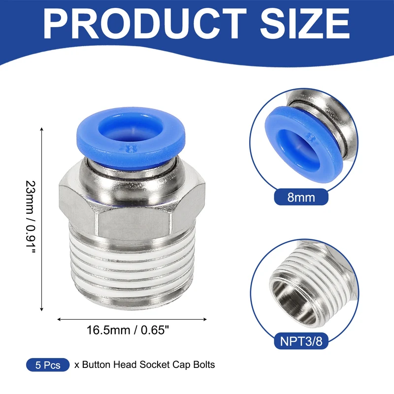 5 Pcs NPT Male 8mm Tube OD x 3/8" NPT Thread Push to Connect Fittings, Blue