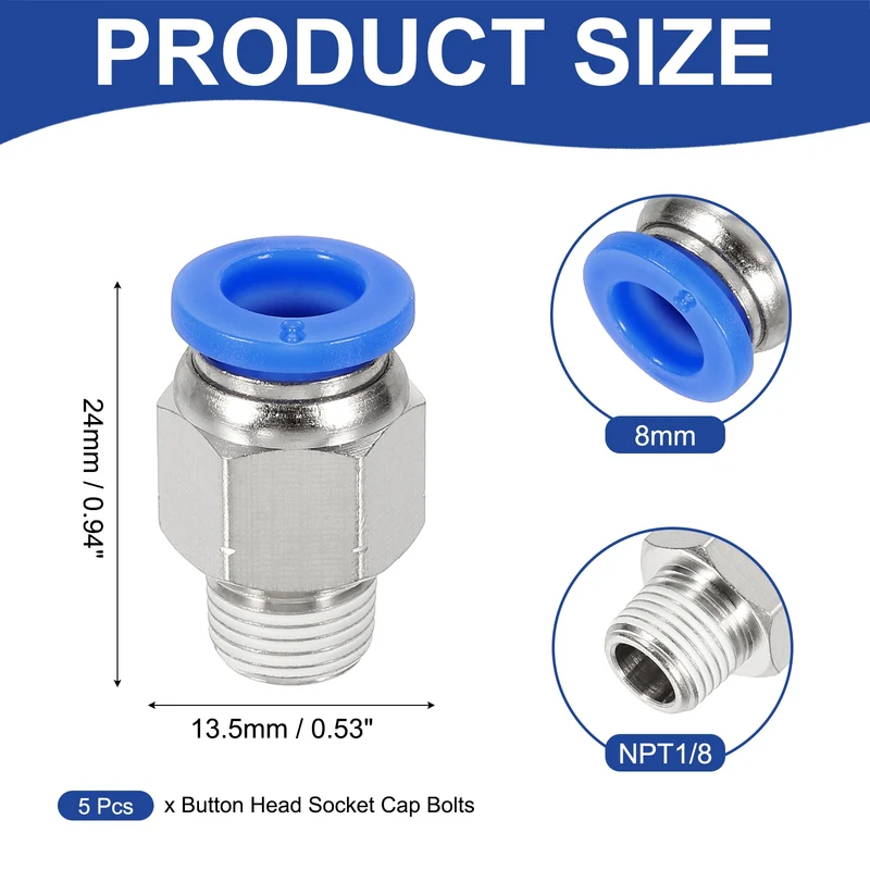 5 Pcs NPT Male 8mm Tube OD x 1/8" NPT Thread Push to Connect Fittings, Blue
