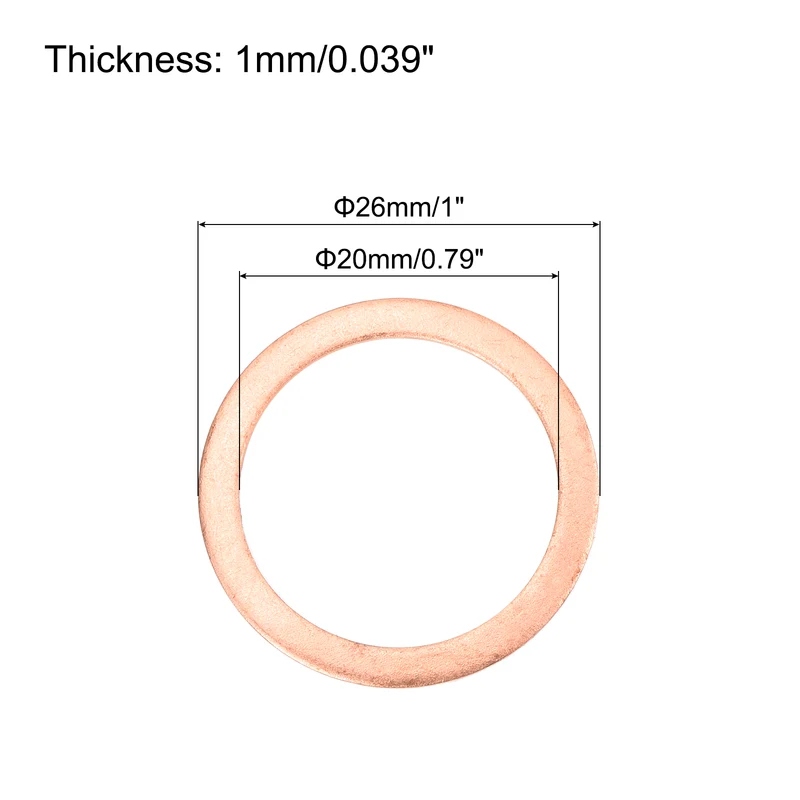 12 Pcs Flat Copper Washers, 20x26x1mm Copper Flat Sealing Crush Ring Washers