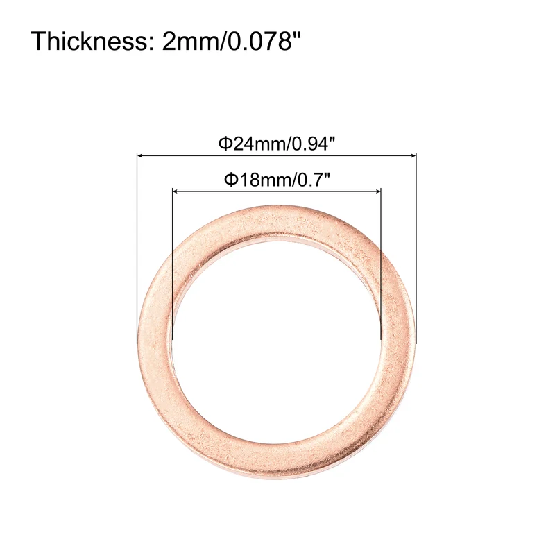 22 Pcs Flat Copper Washers, 18x24x2mm Copper Flat Sealing Crush Ring Washers