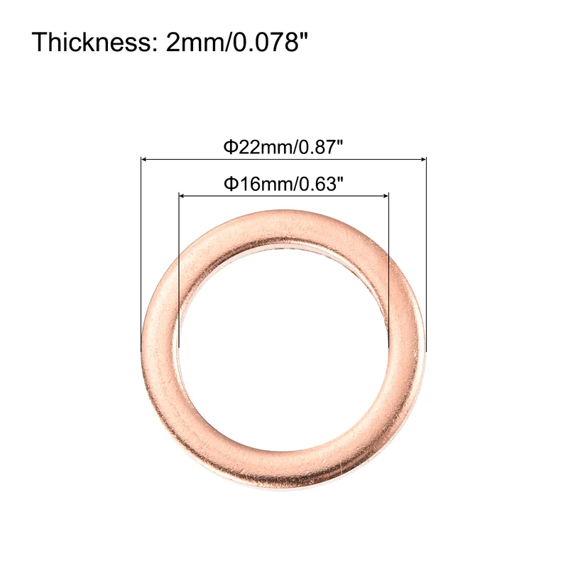 52 Pcs Flat Copper Washers, 16x22x2mm Copper Flat Sealing Crush Ring Washers