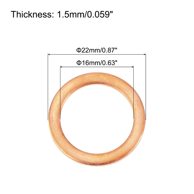 52 Pcs Flat Copper Washers, 16x22x1.5mm Copper Flat Sealing Crush Ring Washers
