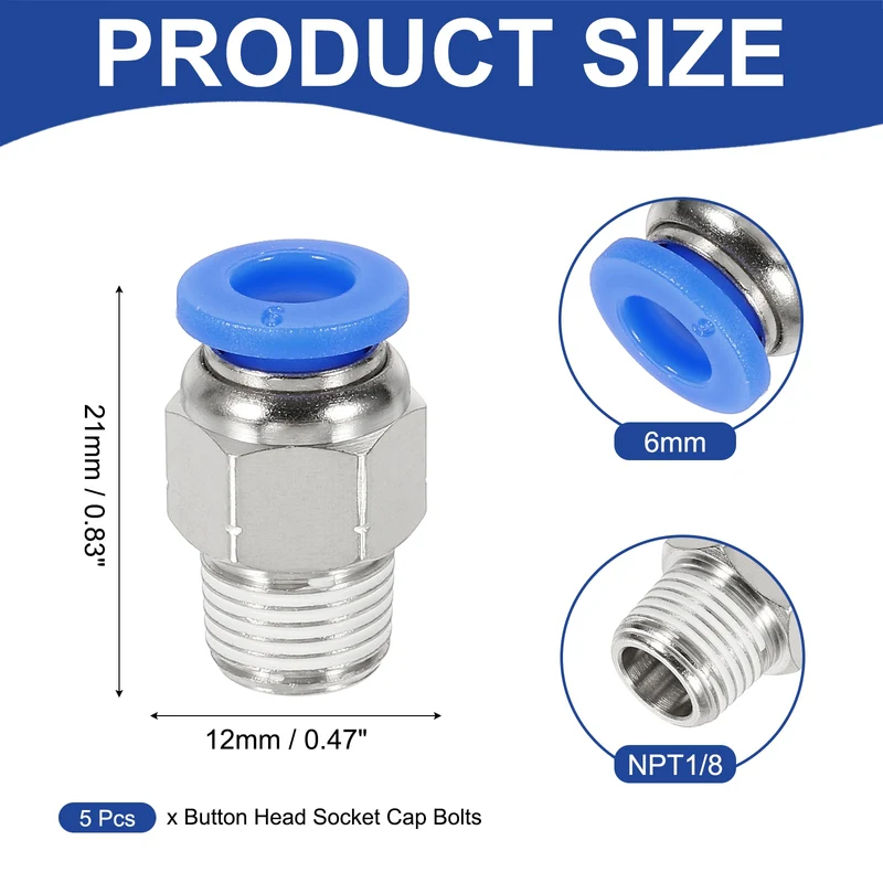5 Pcs NPT Male 6mm Tube OD x 1/8" NPT Thread Push to Connect Fittings, Blue