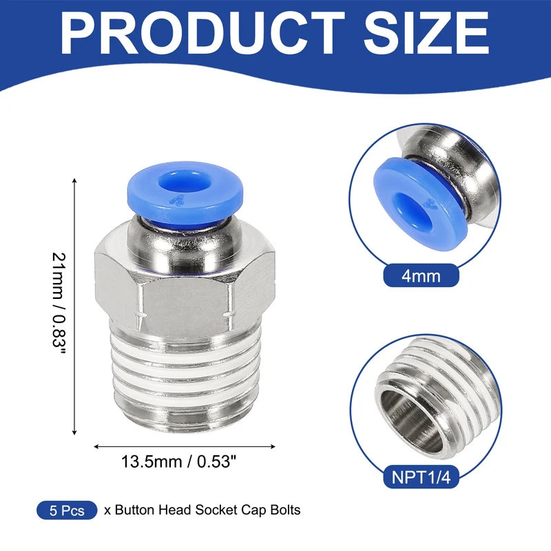 5 Pcs NPT Male 4mm Tube OD x 1/4" NPT Thread Push to Connect Fittings, Blue