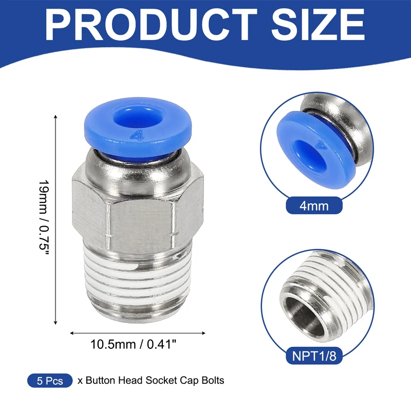 5 Pcs NPT Male 4mm Tube OD x 1/8" NPT Thread Push to Connect Fittings, Blue