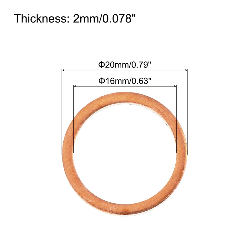 22 Pcs Flat Copper Washers, 16x20x2mm Copper Flat Sealing Crush Ring Washers