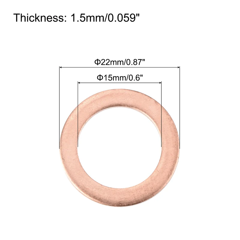 52 Pcs Flat Copper Washers, 15x22x1.5mm Copper Flat Sealing Crush Ring Washers