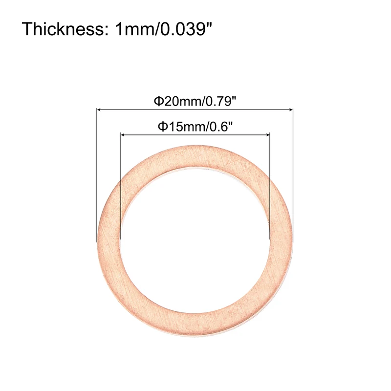 52 Pcs Flat Copper Washers, 15x20x1mm Copper Flat Sealing Crush Ring Washers