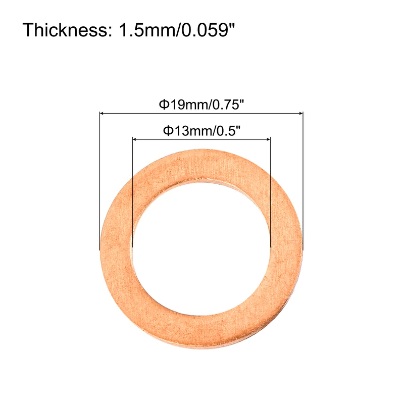 12 Pcs Flat Copper Washers, 13x19x1.5mm Copper Flat Sealing Crush Ring Washers