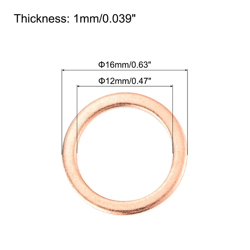 12 Pcs Flat Copper Washers, 12x16x1mm Copper Flat Sealing Crush Ring Washers