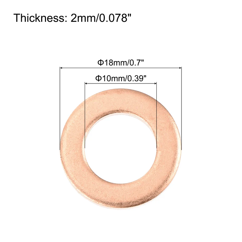 22 Pcs Flat Copper Washers, 10x18x2mm Copper Flat Sealing Crush Ring Washers