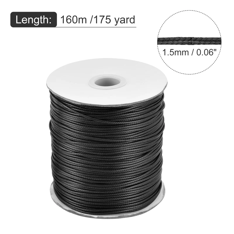 Black 1.5mm Waxed Cord 175 Yard Wax Bead Thread String for Jewelry Making