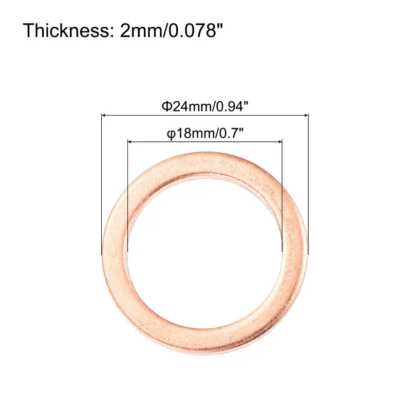 12 Pcs Flat Copper Washers 18x24x2mm Copper Flat Sealing Ring Washers